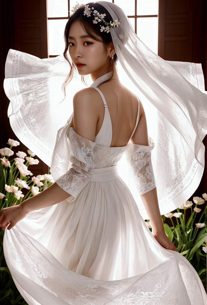 a beautiful young korean woman in a flowing white dress standing in a flower garden, heavenly beauty, subtle backlight, flowing white dress, beautiful and aesthetic korean girl, elegant hanbok, ethereal and dreamlike, flowing dress, slim woman in a white bohemian dress, ethereal and paradisiacal, softly illuminating sunlight, extremely beautiful and mystical