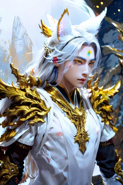 Handsome young xianxia protagonist,man,guy,long silver hair, Crimson red and golden amber eyes combination ,eyes focus detailed((no noice)),(((no noice))),and long silver hair with white undertone,and the golden rune motiv scratched on his forehead((no noice)),use armour featuring like pattern on furr of white Tiger chinese with white dominant color,pauldron protective shape like dragon head,breastplate featuring like white Tiger,breastplate detailed white Tiger shape,shoulder protective dragon shape like white Tiger,sun and moon background, white dominant color,white dominant color, white dominant color armour,with majestic silver line , ((no noice))And majestic golden wings at back,wings at back,terrifying aura around,24K ultra hd,face and eyes detail,lips and face detail,masterpiece ,better quality,ultraa realistic face((no noice)),good face proportion,non noice face,reality face,eyes detailed,((perfect face)),perfect eyes ,perfect lips proportion((balance lips)),perfect face proportion,((balance proportion of face)),((balance and perfect left and right eyes proportion)),((masterpiece))