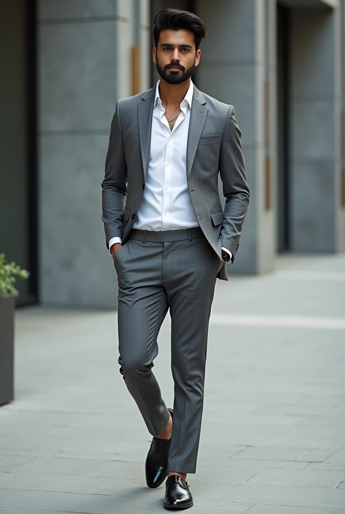 Brown young Indian wearing grey blazer and white shirt and grey pants with sinny black shoes