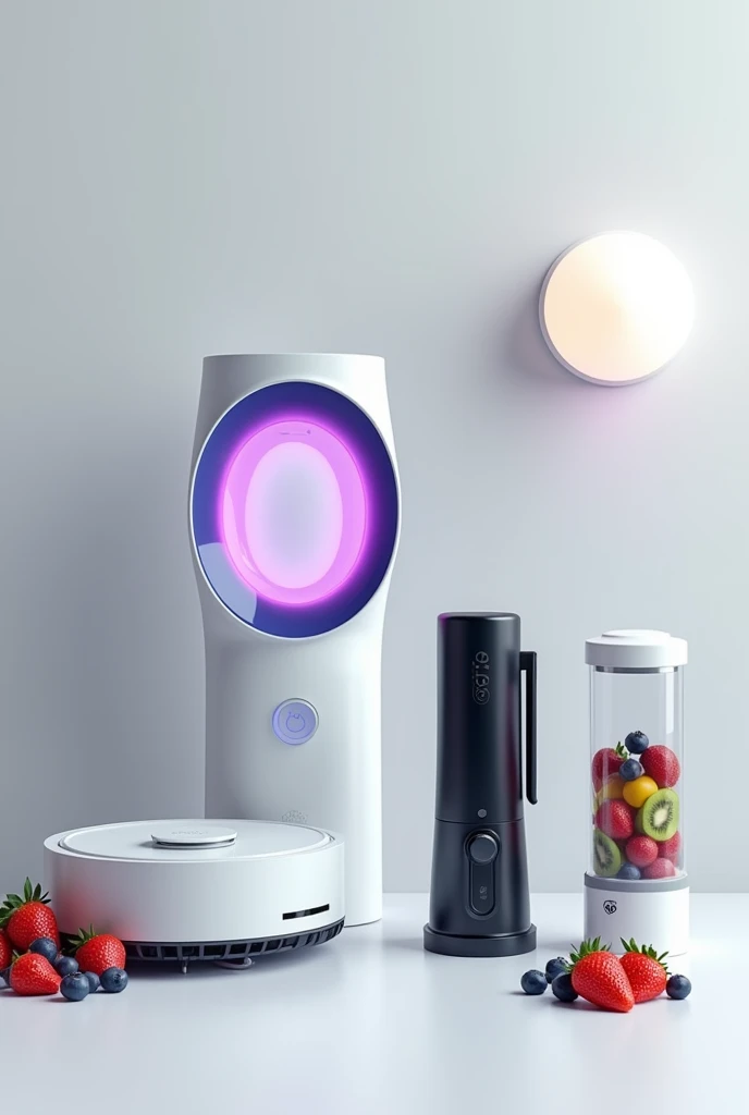 Create a super realistic neutral background scene, in a modern and clean style. The scene must include the following utensils:
A tabletop air purifier with a futuristic design, with a purple inner light visible through a white cylindrical structure.
A white robot vacuum cleaner with a minimalist design and blue accents, with a flat and modern surface.
A security lamp with an integrated camera, spherical in shape and prominent lens, with LED lights around the lens for night vision.
A black portable blender with a clear bottle containing fresh fruits, como morangos, kiwis and blueberries, with a compact and ergonomic design, and a side handle for easy carrying.
The items are all piled up together, There are some fruits around to compose the environment