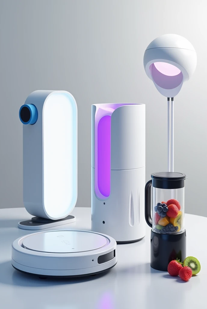 Create a super realistic neutral background scene, in a modern and clean style. The scene must include the following utensils:
A tabletop air purifier with a futuristic design, with a purple inner light visible through a white cylindrical structure.
A white robot vacuum cleaner with a minimalist design and blue accents, with a flat and modern surface.
A security lamp with an integrated camera, spherical in shape and prominent lens, with LED lights around the lens for night vision.
A black portable blender with a clear bottle containing fresh fruits, como morangos, kiwis and blueberries, with a compact and ergonomic design, and a side handle for easy carrying.
The items are all piled up together, There are some fruits around to compose the environment