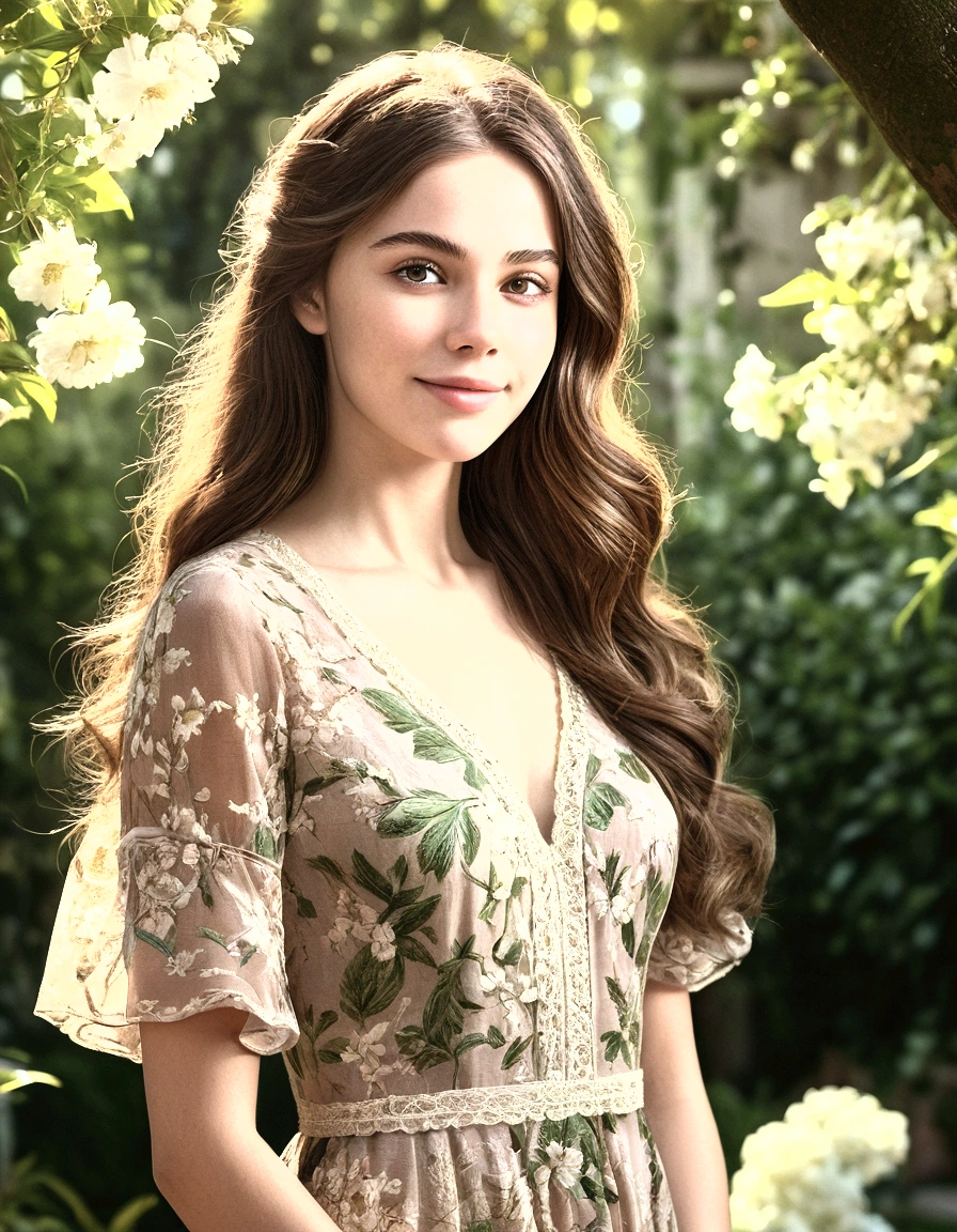 a beautiful girl in a tranquil garden, long brown hair, warm smile, detailed eyes and face, ornate floral dress, gentle breeze, sunlight filtering through trees, lush greenery, (best quality,4k,8k,highres,masterpiece:1.2),ultra-detailed,(realistic,photorealistic,photo-realistic:1.37),vibrant colors,natural lighting,cinematic composition,intricate details,serene atmosphere