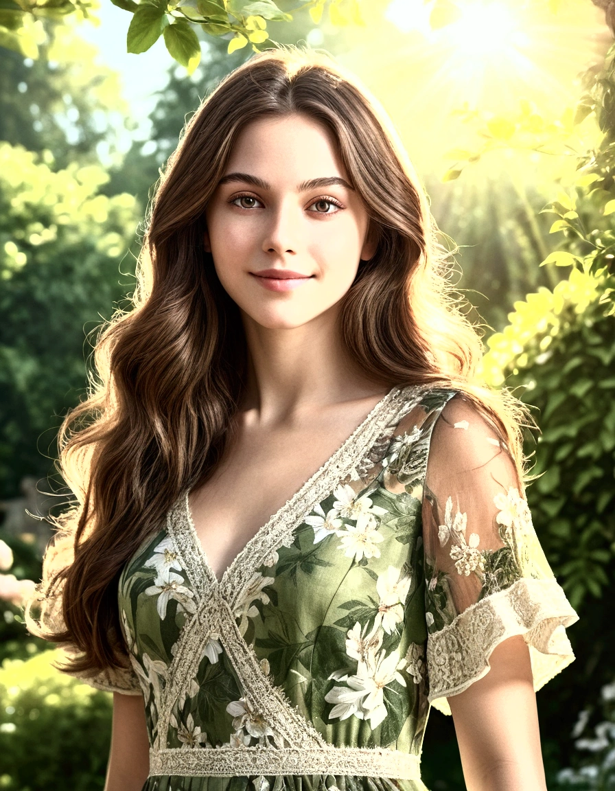 a beautiful girl in a tranquil garden, long brown hair, warm smile, detailed eyes and face, ornate floral dress, gentle breeze, sunlight filtering through trees, lush greenery, (best quality,4k,8k,highres,masterpiece:1.2),ultra-detailed,(realistic,photorealistic,photo-realistic:1.37),vibrant colors,natural lighting,cinematic composition,intricate details,serene atmosphere