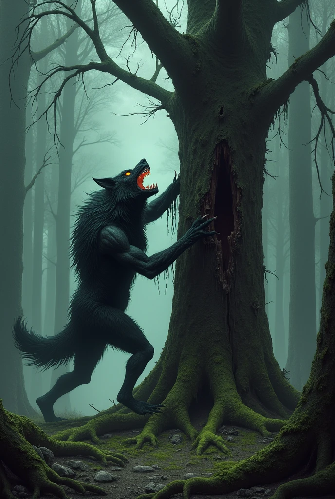 Scary wolf scrab a tree standing by a forest