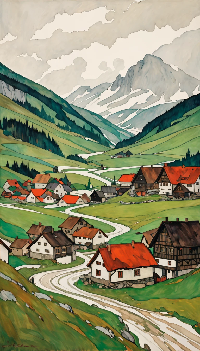 artist by Egon Schiele,inside the village,wild animals,light tones,(smooth strokes),fine sketches,Vivid,Moody,Landscapes,Fantasy,Dark,landscape oil painting, red and green colors