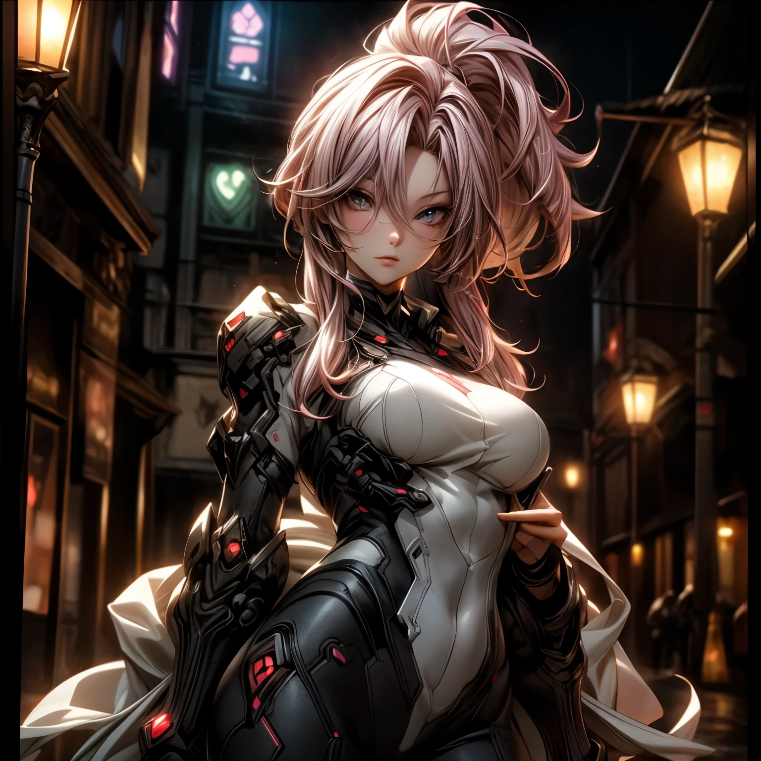 (best quality)), ((Masterpiece)), (details:1.4), 3d, HDR (high dynamic range), an image of a beautiful cyberpunk female, Hips up, cyberpunk, Fantasy, Sleek style, Pink hair, High ponytail, beautiful White eyes, จมูกโด่ง, ปากแดง, หน้าอกใหญ่, nvidia RTX, PBR surface, After processing, Anisotropic filtration,depth of field, Maximum clarity and clarity, multi-layered surface, Subsurface scattering, perfect proportions, 8K raw files, ultra detailed, Perfect proportions, volumetric lighting, soft lighting, Holy Paladin, Heavy Black Armor, glossy skin, Castle background, jewely, ต่างหู, นิ้วมือสมบูรณ์,