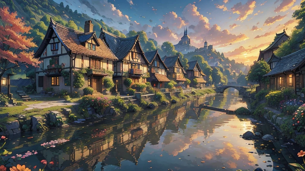 ((masterpiece)),((Highest quality)),((High Detail)),nobody,background,fantasy, Small village on the river, backgroundの山々, Floral Flowers Colorful, Detailed landscape, Beautiful natural scenery, Sunset, Warm colors, Detailed leaves, Complex building, Cobblestone Street, Charming country house, Swirling vibrant colors, rich vegetation, Reflection on still water, Idyllic,