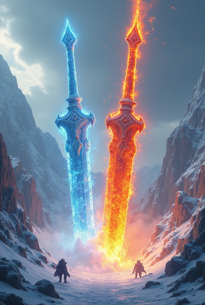 3D view, a giant sword made of ice versus a giant sword made of lava, the surrounding snow-capped mountains are melted