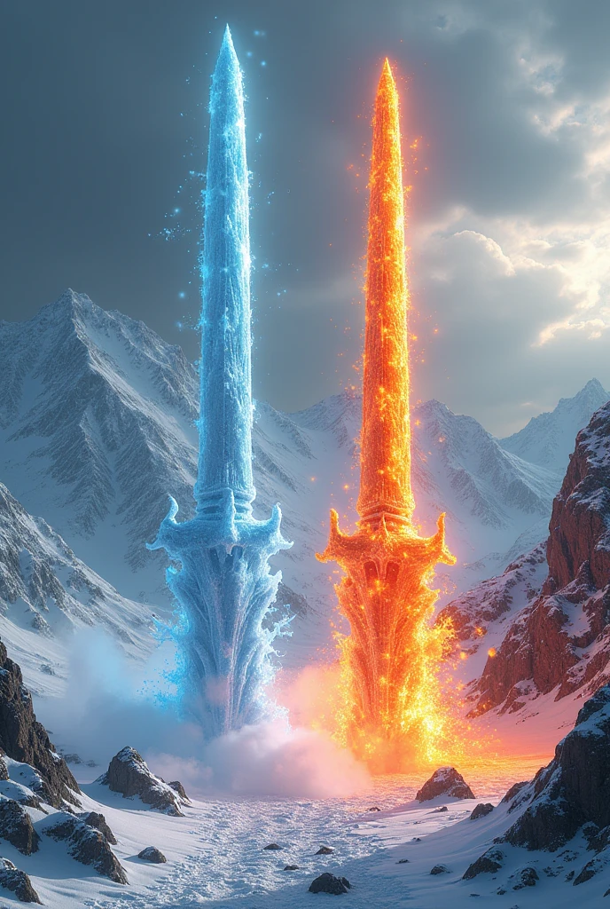 3D view, a giant sword made of ice versus a giant sword made of lava, the surrounding snow-capped mountains are melted