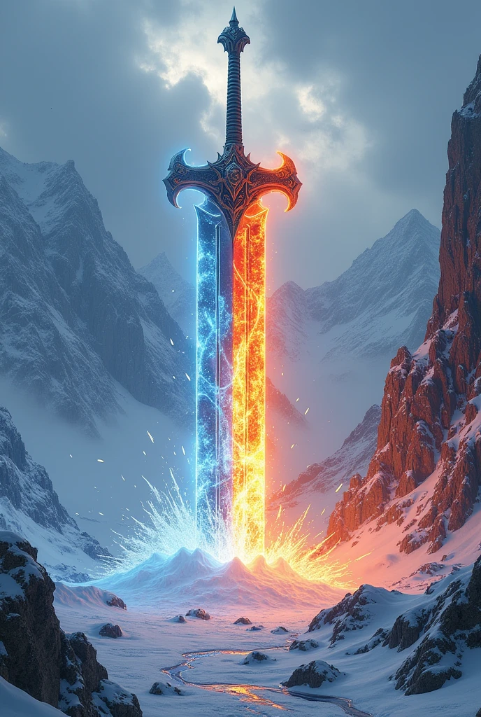 3D view, a giant sword made of ice versus a giant sword made of lava, the surrounding snow-capped mountains are melted