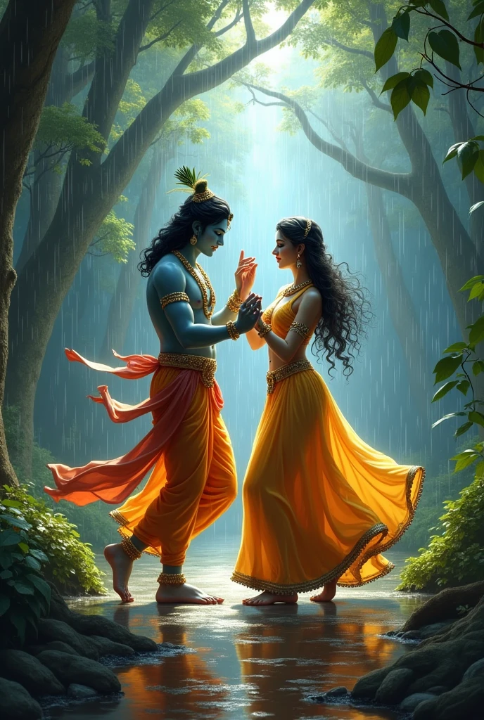 Krishna with Radha Rani dancing with flute and heavy rain in forests