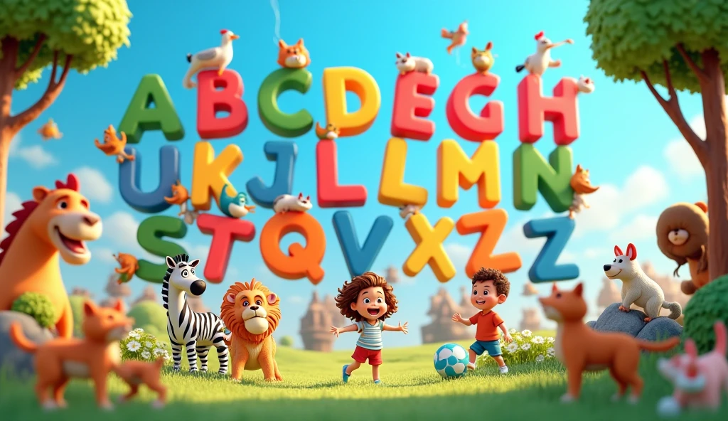 Create an animated image for all alphabet A, B, c,D,E,F,G,H,I,J,K,L,M,N,O,P,Q,R,S,T,U,V,W,X,Yto Z in background and children playing in front with each other like someone playing with ball and Zebra , Lion , monkey, hen, and cats and dogs , Ships and kites and birds with animation 3D