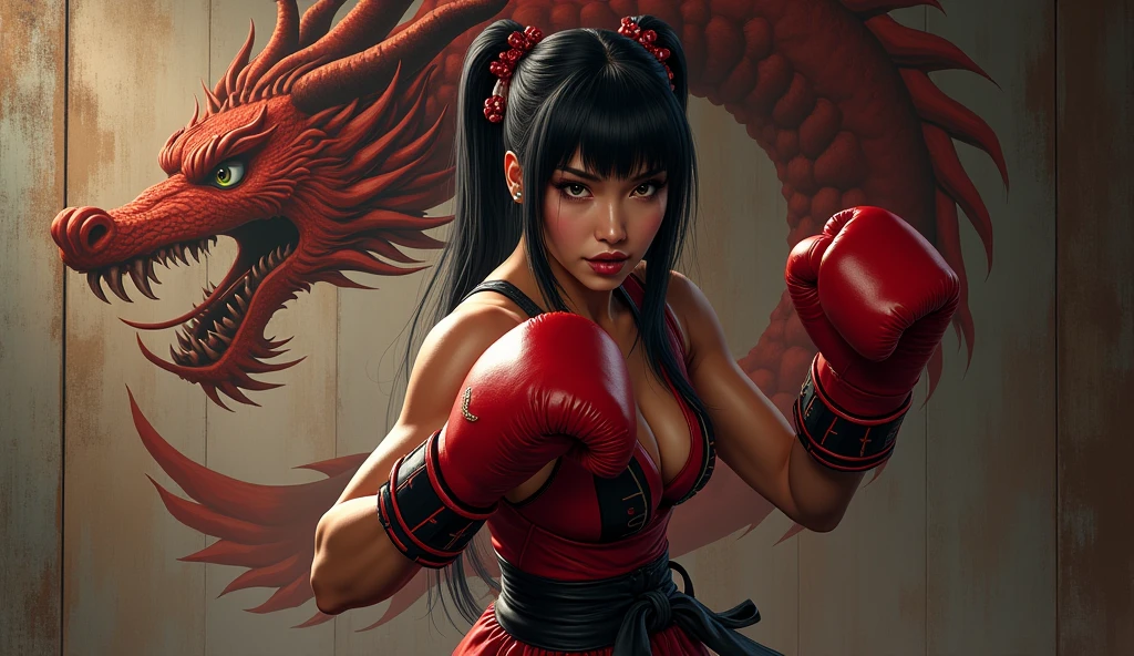 Chun-Li intricate details insanely red and black gothic Chun-Li fighting stance, heroic stance pose, boxing stance, in a fighting pose, 3D effect ultra-detailed intricate insanely full HD, full body portrait, hyperrealist artwork by Iván Pili , close-up portrait, extreme close-up, wide-angle shot, spotlight embroidery, accents, intense gaze, expressive eyes, toned body, , , (steampunk), heroic proportions, epic fantasy concept, gong li, Bai Ling, , over-the-shoulder shot, Chung Li, graffiti dragon 3D effect ultra-detailed intricate insanely full HD graffiti dragon 3D isometric effect ultra-detailed intricate insanely full HD painted in wood walls, enter the dragon movie style,