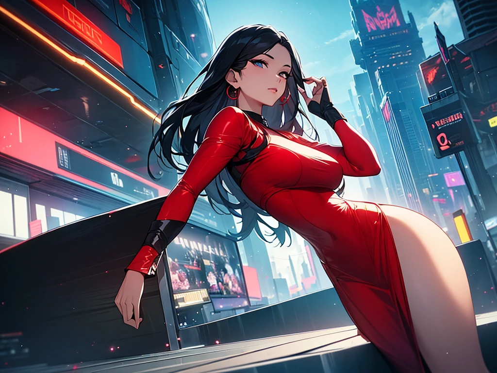 A beautiful young asian woman, detailed face, detailed eyes, detailed lips, mesmerizing gaze, elegant hairstyle, wearing a stunning red dress, posing confidently, dramatic lighting, cinematic atmosphere, vibrant colors, fantasy sci-fi background, futuristic cityscape, dynamic composition, (best quality,8k,masterpiece:1.2),ultra-detailed,(realistic,photorealistic,photo-realistic:1.37),cinematic,dramatic lighting,sci-fi,neon city,vibrant colors