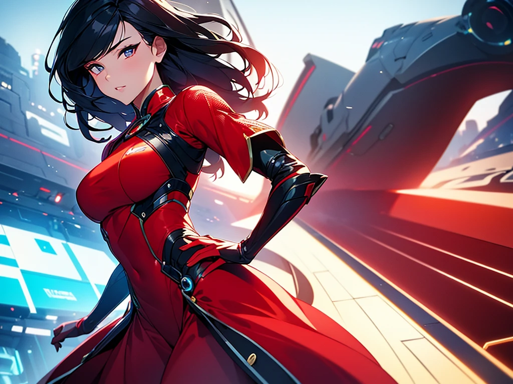 A beautiful young asian woman, detailed face, detailed eyes, detailed lips, mesmerizing gaze, elegant hairstyle, wearing a stunning red dress, posing confidently, dramatic lighting, cinematic atmosphere, vibrant colors, fantasy sci-fi background, futuristic cityscape, dynamic composition, (best quality,8k,masterpiece:1.2),ultra-detailed,(realistic,photorealistic,photo-realistic:1.37),cinematic,dramatic lighting,sci-fi,neon city,vibrant colors