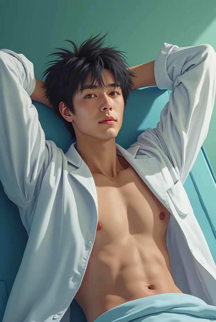 1boy、Handsome Men、Japanese male, 、Completely naked、Full nudity、erection、Huge penis、Highest quality、Realistic、beautiful、Sad look、Being examined at a hospital、An elderly doctor in a white coat next to him、Arms above head、Photo Quality