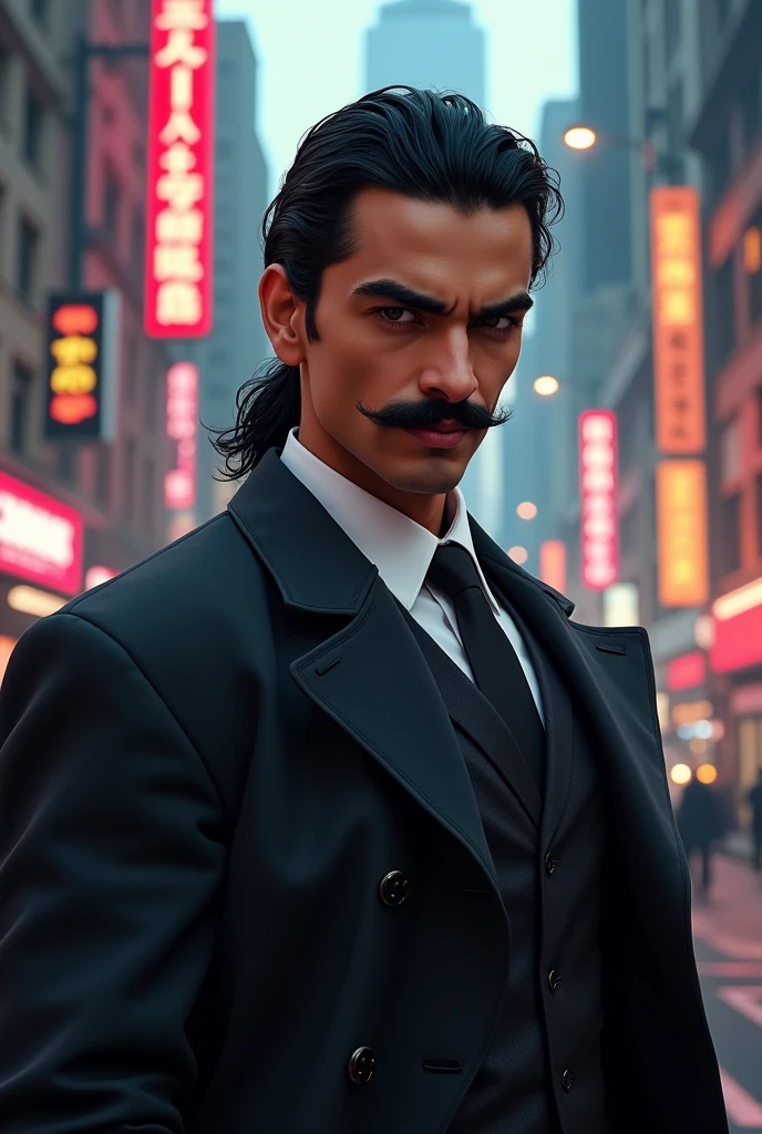 A young gangster guy who is 3 and always wear executive coats and suits .He have a horseshoe moustache not beard. Long hair with pony tale . And an attittude face looks like dulquer salmaan. With a smile