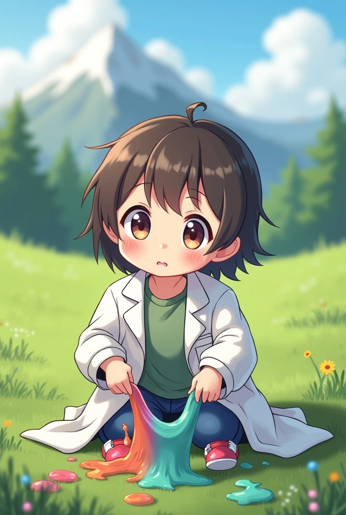 Short cute girl, short hair.
her face is cute when she pouts, her cheeks are soft.
Wearing a lab coat that is too big for his body size, white.
Several different colored potions were tucked into the pockets of his lab coat.. 

Posing proudly with hands on lap.

Green field background with alpine mountain view. Playing with slime
