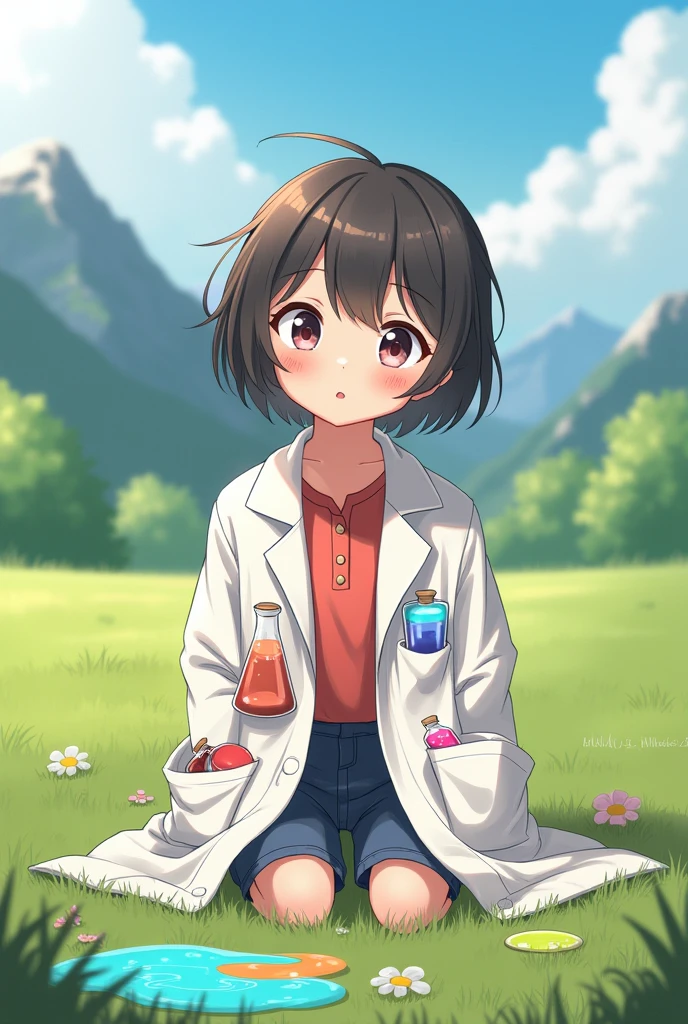 Short cute girl, short hair.
her face is cute when she pouts, her cheeks are soft.
Wearing a lab coat that is too big for his body size, white.
Several different colored potions were tucked into the pockets of his lab coat..
Posing proudly with hands on lap.
Green field background with alpine mountain view. Playing with slime