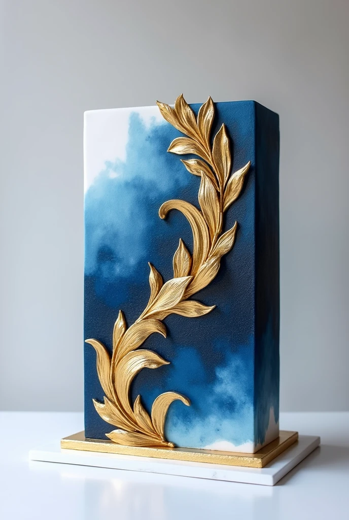 white rectangle cake designed with colour dark blue and gold