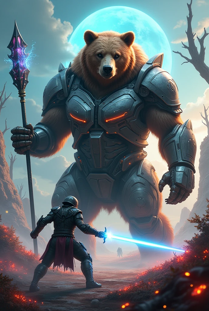 In a surreal, dreamlike battlefield, a majestic brown bear, fused with advanced cyborg technology, towers over a human opponent. The bear’s fur transitions into sleek, metallic armor, with one side of its body partially transparent, revealing intricate mechanical organs and glowing circuits beneath its skin. Its eyes burn with a fierce, electric blue light, blending primal power with artificial intelligence. Clutched in one massive paw is a glowing laser spear, crackling with energy, poised to strike. The human, clad in futuristic battle armor, stands defiantly, holding a plasma blade, ready to engage in combat. The background is a fantastical landscape of floating islands, twisted, otherworldly trees, and a swirling sky filled with vibrant, unnatural colors. The ground beneath them pulses with bioluminescent plants, casting an eerie glow that reflects off the bear’s metallic components, intensifying the tension of this epic, high-tech duel in a surreal, alien environment.