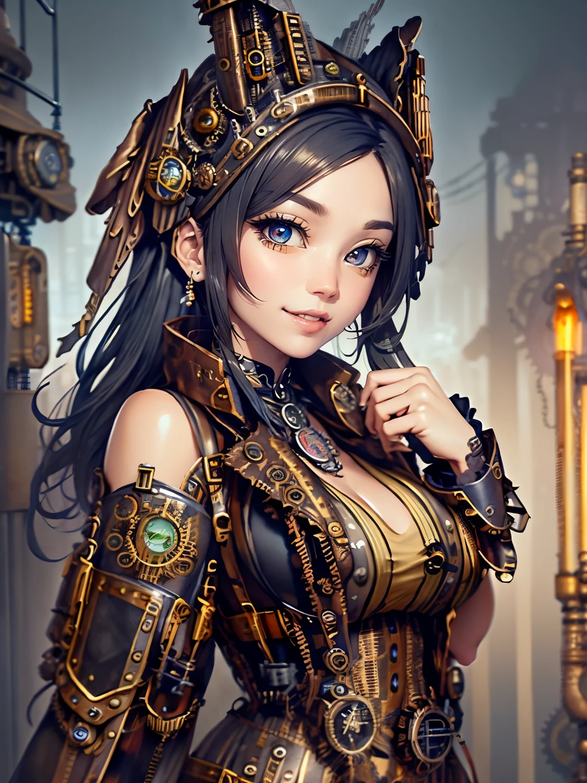 ((Seductive Anime Girl:1.2、solo:1.3))、((steampunk:2))、(extremely details CG, Ultra-detailed, Best Shadow:1.1)、((Depth of field and blur))、((watercolor paiting))、(perfect  detail: 1.1)、 digitial illustration、Centered、Highly detailed, ((Glossy realistic skin texture:1.2))、((shiny skin:1.2))、((Meticulously drawn hands))、perfect anatomy、masterpiece, ultra-detailliert, 8k, hiquality, Top image quality, Smooth texture、Sharp Focus, watercolor