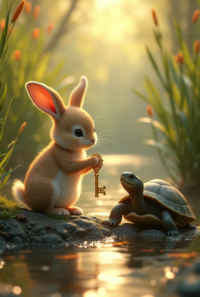 “A rabbit presenting a golden key to a turtle near a riverbank with ...