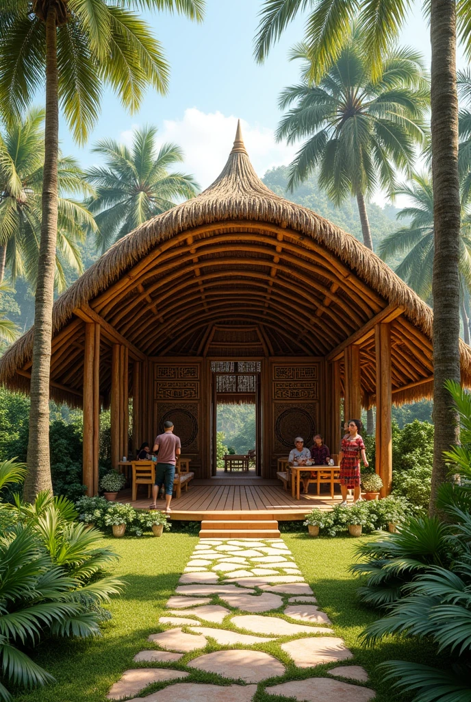 open pavilion cogon roof and Philippine "amakan" with tribal pattern more with curved bamboo structure