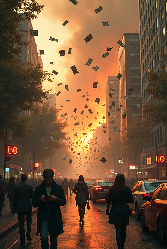 Raining money on fire, people walking on the street using cell phones and cars, forest in the background on fire , smoke and fire in the trees