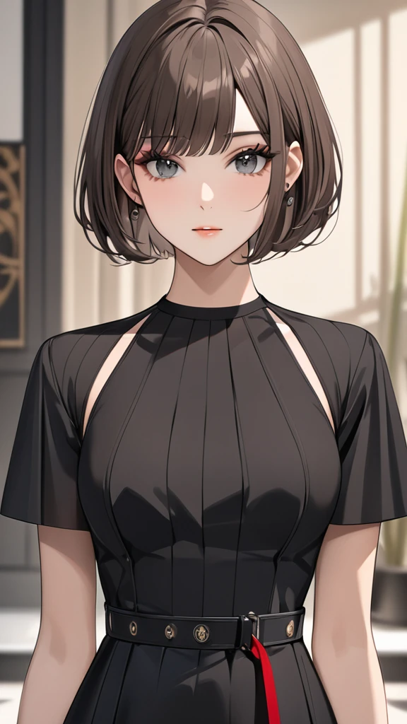 Highest quality　masterpiece　High resolution　masterpiece　Brown Bob　　Black Grey Eyes　blunt cut 