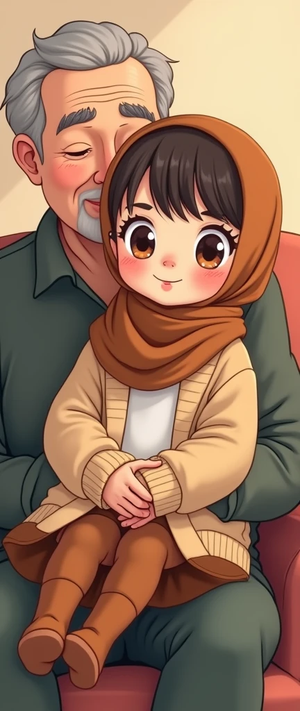 Cartoon with text:
(masterpiece, best quality, 4k, expressive eyes, perfect face, 2d style, flat style, hand drawn, perfect Illustration), Cute and adorable face, big detailed eyes,, Cute little cartoon girl, with brown hijab on, bangs, wearing oversized beige cardigan, white shirt, brown skirt, ((brown socks, long socks)), no shoes, full body view, on an old mans lap
