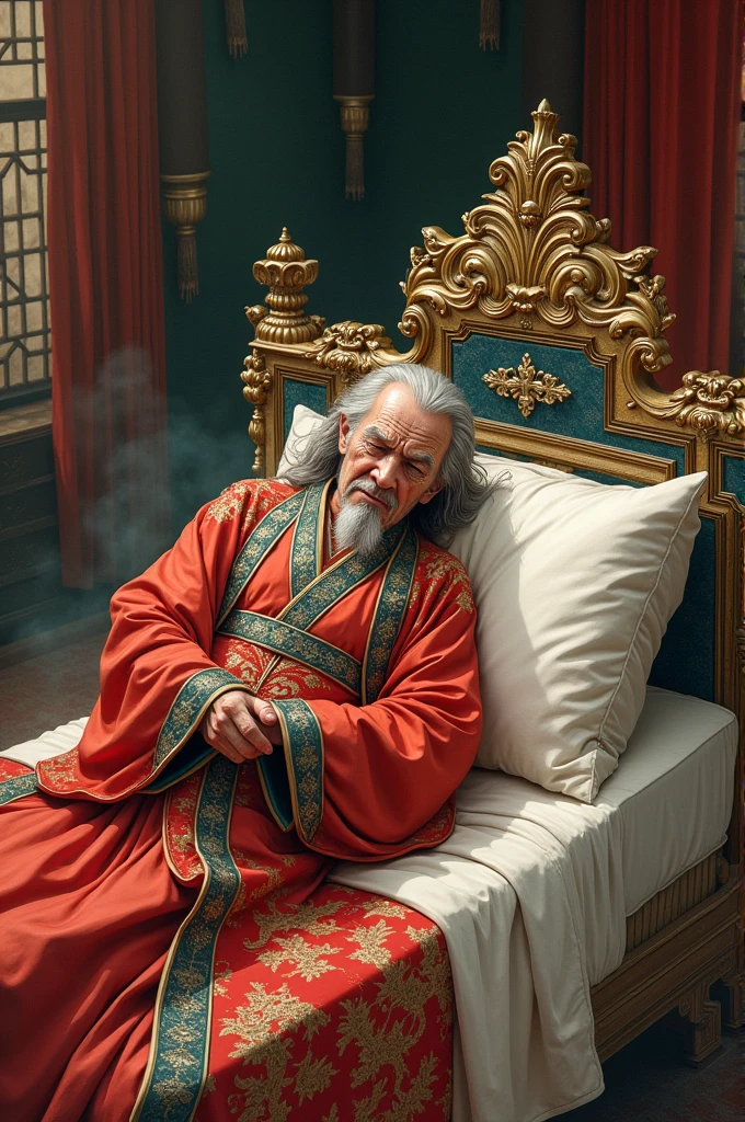 Create a picture of the emperor suffering from illness, having a heart attack and coughing up blood on the dragon bed. Chinese style