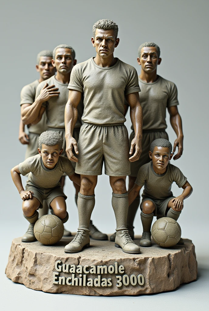 a stone sculpture with 5 football players and a goalkeeper whose team name is Guacamole Enchiladas 3000.