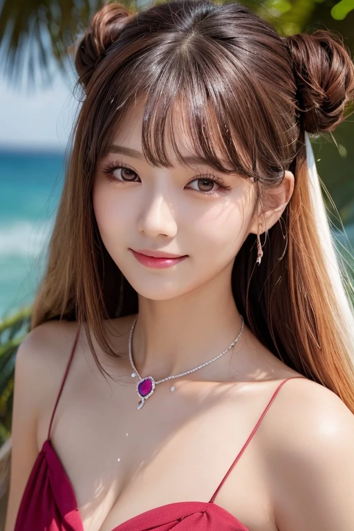 Highest quality, Ultra-high resolution, (Realistically:2.0),Cute hairpin,Gem Girl,(Flat Chest:1.2) ,Clear pink eyes,Royal Sister,Sunlight on the face,Big Wave Hairstyle,(Choker Necklace:1.2),(Fair skin:1.4),atmosphere,Beautiful girl, smile,Keep your head upright and look at the person watching, Cleavage close-up ,(Realistic:1.4),One person,sexy,(Upper Body:1.4),(Wet body),(:1.2), Red eyeshadow, Small animal face, Korean style