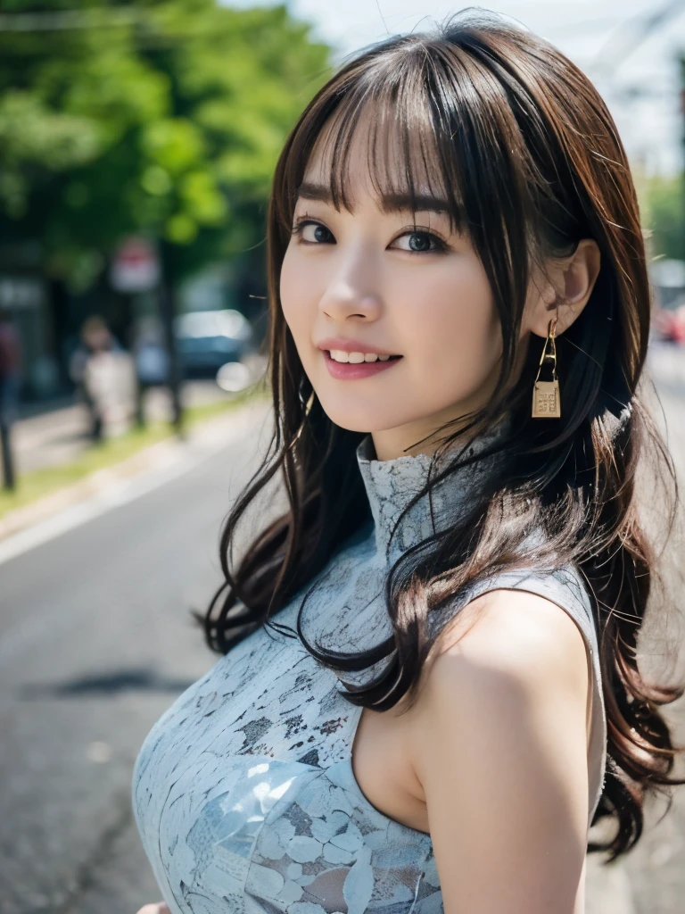 a woman posing on the street corner with light blue dress on, best quality, high res, 8k, 1girl, (huge breasts), day, bright, outdoor, (street:0.8), (people, crowds:1), (lace-trimmed dress:1.5, light blue clothes:1.5, blue high-neck dress:1.5, sleeveless dress, blue dress: 1.5), gorgeous, (medium hair), beautiful detailed sky, beautiful earrings, (dynamic pose:0.8), (upper body:1.2), soft lighting, wind, shiny skin, looking at viewer、胸を小さく