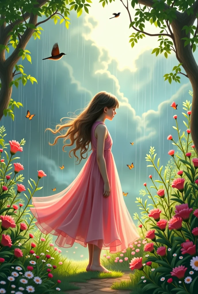 Girl in pink frock long hair in garden butterfly birds flowers rainy clouds 