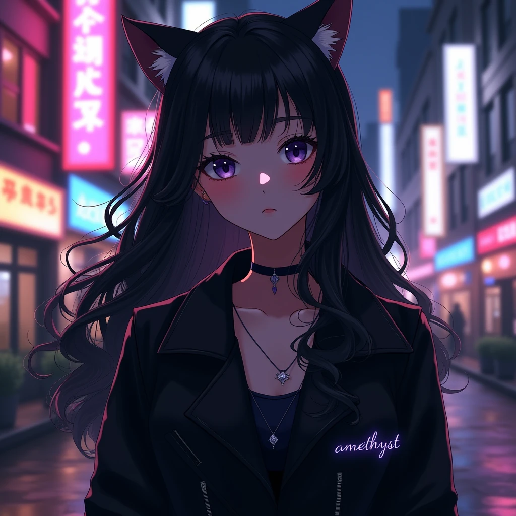 anime girl with long curly hair wearing black aesthetic jacket outfit with cat ears and with a text "amethyst" on her left part of her clothes, in citylights background,