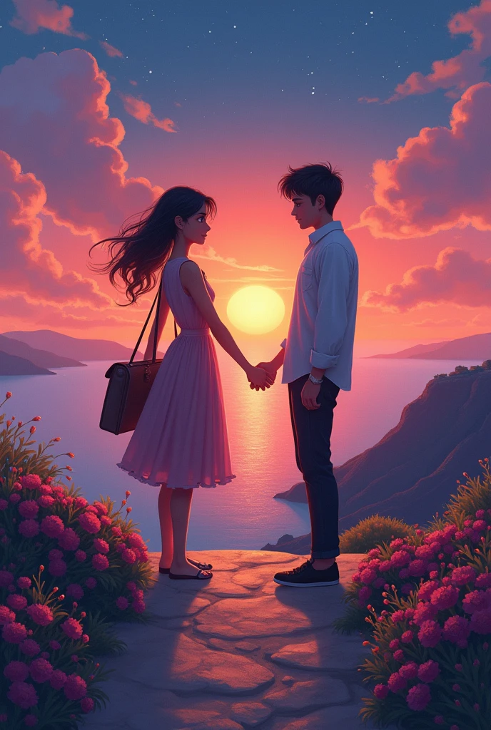 The image shows Liv and Theo standing on a cliff in Santorini at sunset.. Liv, with a calm expression, holds a bag, symbolizing your decision to move forward. Theo, Next to you, smile encouragingly. Ao fundo, there is a mystical vision of Atlantis dissolving, representing Liv&#39;s past. They are holding hands, symbolizing a new beginning together. over the horizon, a trail is formed, suggesting the future Liv chose, as flowers bloom along the way, symbolizing new possibilities. The stars in the sky reinforce the theme of hope and new beginnings..