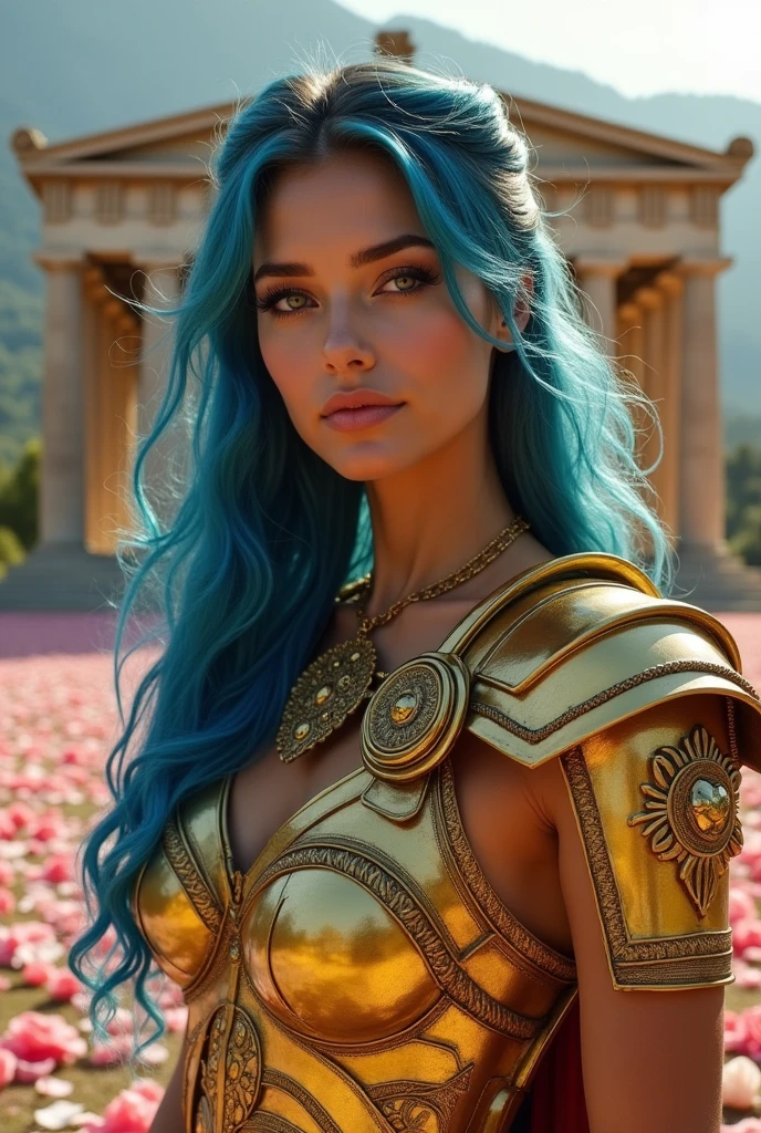 (masterpiece:1.2), (best quality,:1.2), 8k, HDR, ultra detailed, ((photorealistic:1.3)), professional light, cinematic lighting, fashion photography, ambient lighting, atmospheric effects, OverallDetail, (the outside of a temple,An ancient greek temple,floor strewn with rose petals, (outdoors:1.5),) background,temple, epiCPhoto, BREAK 
[realistic,beautiful woman,eyelashes, soft makeup,looking at viewer,perfect lighting,(cowboy shot,sexy pose,wide shot),piscesarmor,wearing golden armor, long blue hair,golden armor, ((realistic ultra detailed Armor)),(shinning armor:1.2),fit body], smile, happy face, perfect handsGirl wearing golden armor,best quality,(realistic:1.6)