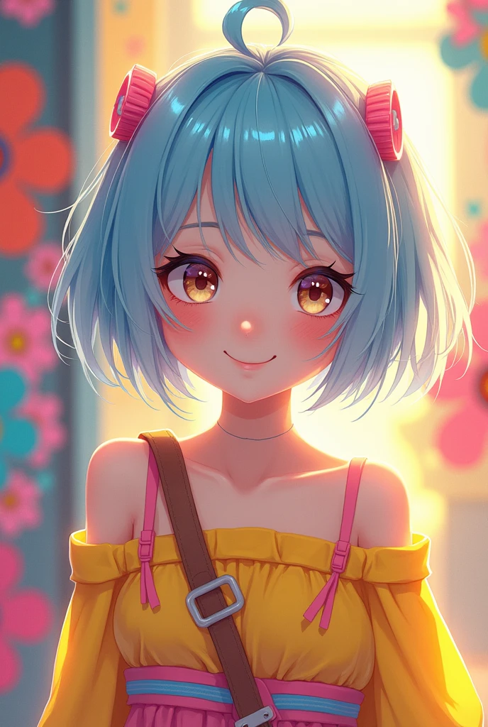 (highest quality, expensive_solve, clear_image, detailed background) ,girl, light blue hair、inner color、bright look、short hair、Hair is tied short、Light blue shining eyes,smile、Pink hair accessories、yellow off shoulder innerwear、(Sunlight on the face)、(colorful background、bright pop background)