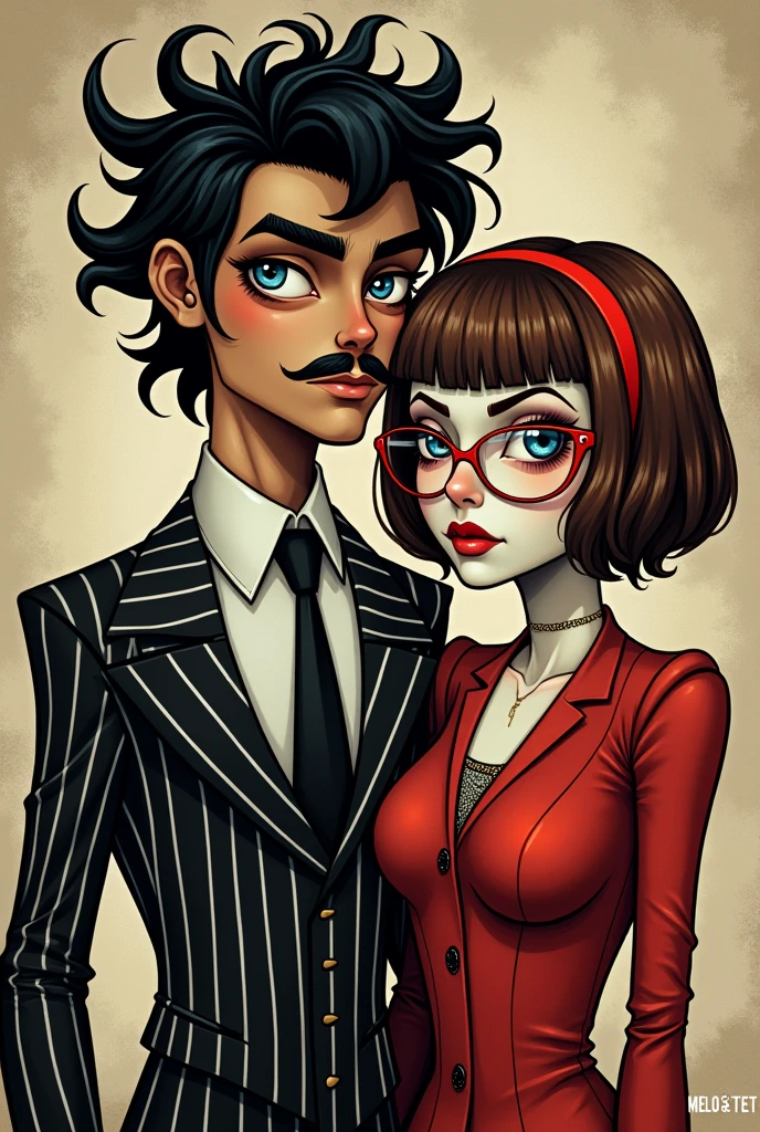 (Comicrealism.2) create Tim Burton esq Couple
The has black glam metal hair and the white and black striped suit of BEETLEJUICE, he has light brown skin and a barely viable mustang. The girl has shirt brown hair with red middle parting bangs, pale skin, blue eys, a glasses and a red dress in the style of LYDIA DEETZ from the movie BEETLEJUICE.
Also put a logo on the artwork: MELO & TET