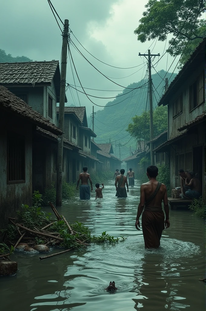 Flood art in village perspective of southern asia dark and detailed