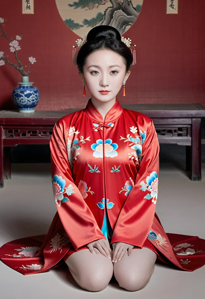 Empress of the Qing Dynasty, A nude woman wearing a red floral Hanfu jacket, Squat down with your legs wide apart, Front view, Inside the Qing Dynasty Palace