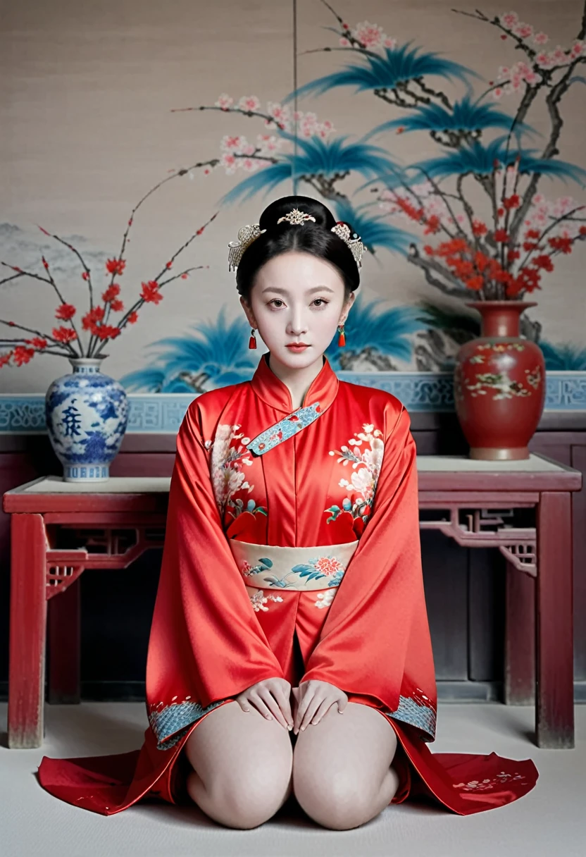 Empress of the Qing Dynasty, A nude woman wearing a red floral Hanfu jacket, Squat down with your legs wide apart, Front view, Inside the Qing Dynasty Palace