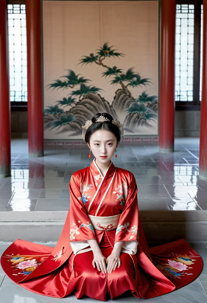 Empress of the Qing Dynasty, A nude woman wearing a red floral Hanfu jacket, Squat down with your legs wide apart, Front view, Inside the Qing Dynasty Palace