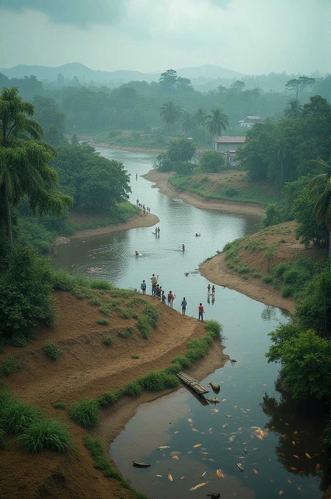 "A vast, flooded landscape in Bangladesh during monsoon season, with swollen rivers submerging fields and villages. People can be seen on higher ground, working together to rebuild their homes. The sky is heavy with rain, but there’s a sense of resilience as fertile soil settles on the land, and fish swim in the rivers. The image captures both the destruction and the hope that comes from renewal."