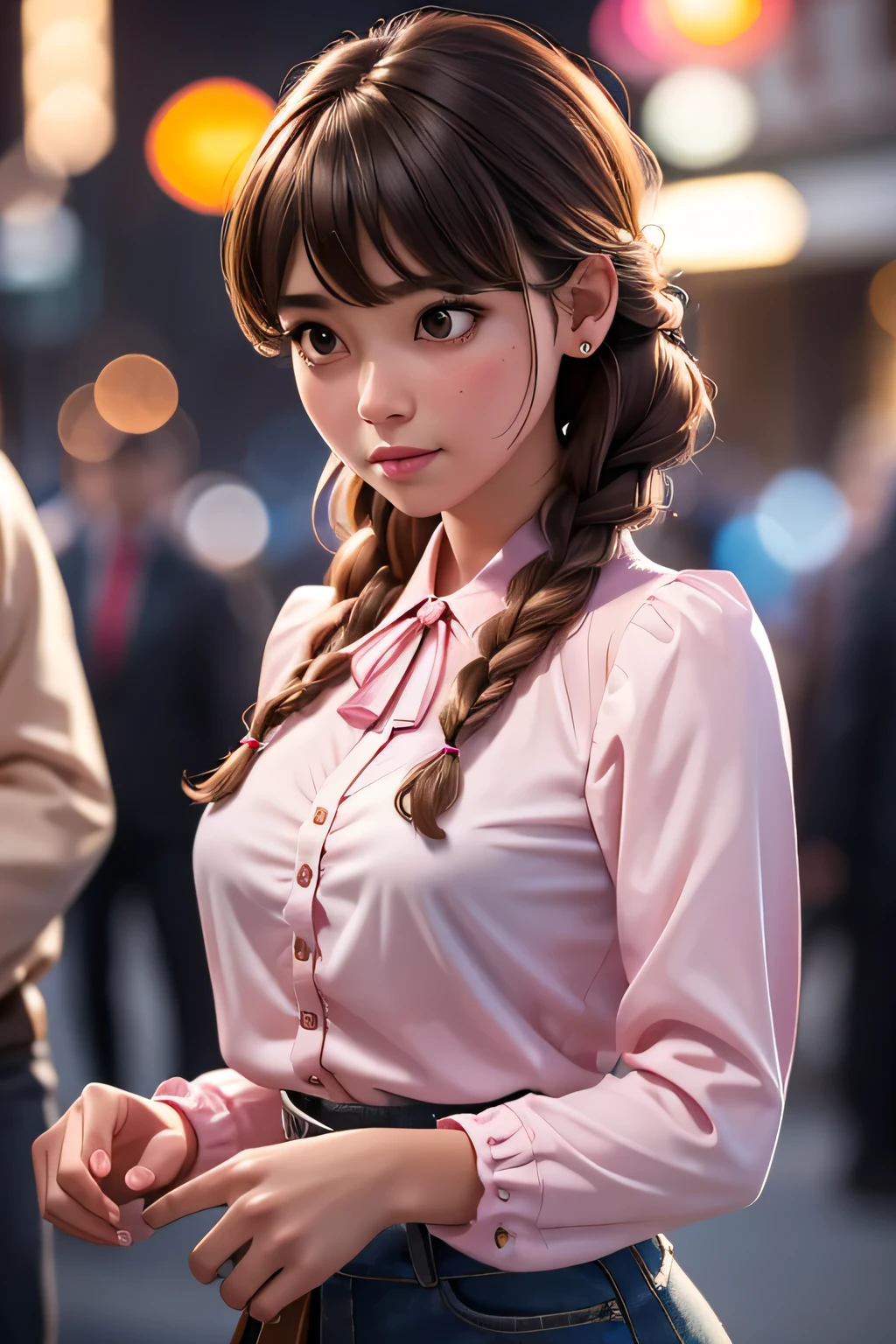 best quality, photorealistic, 1girl, woman,(skindentation), medium breast, (bright), (professional lighting, bokeh), (street), people, crowds, braided bangs, (blouse:1.5), (portait:0.8), gorgeous, bloom, floating hair, (dynamic pose:0.6) , soft lighting, niña robot 