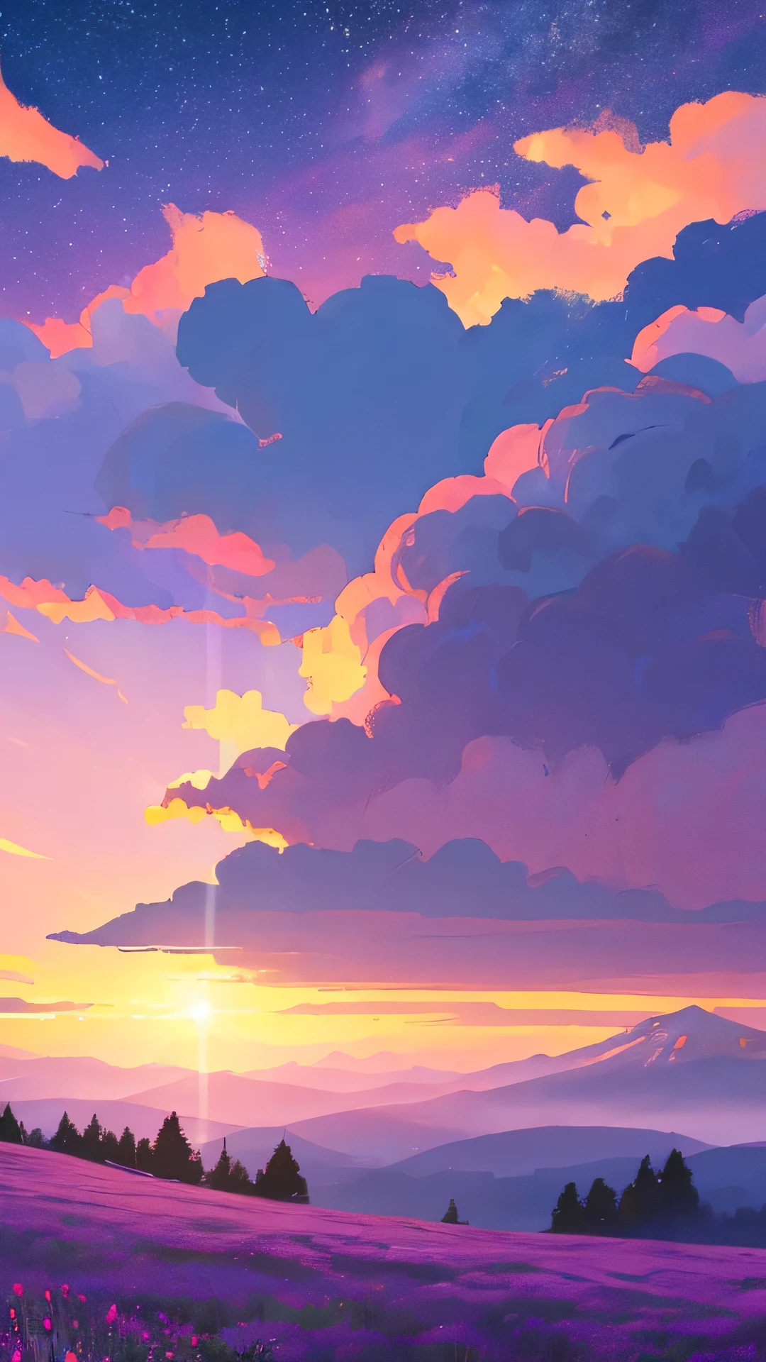 Viral anime nature wallpaper in 4K quality, in the style of photography with a 35mm lens inspired by Mamoru Hosoda, capturing a tranquil mountain meadow at dawn, the sky a gradient of pink and purple, and a gentle mist rising from the ground; cool and serene color temperature, cosmos lighting with stars twinkling in the sky, no human characters, the atmosphere is peaceful and serene --v 5 --stylize 1000