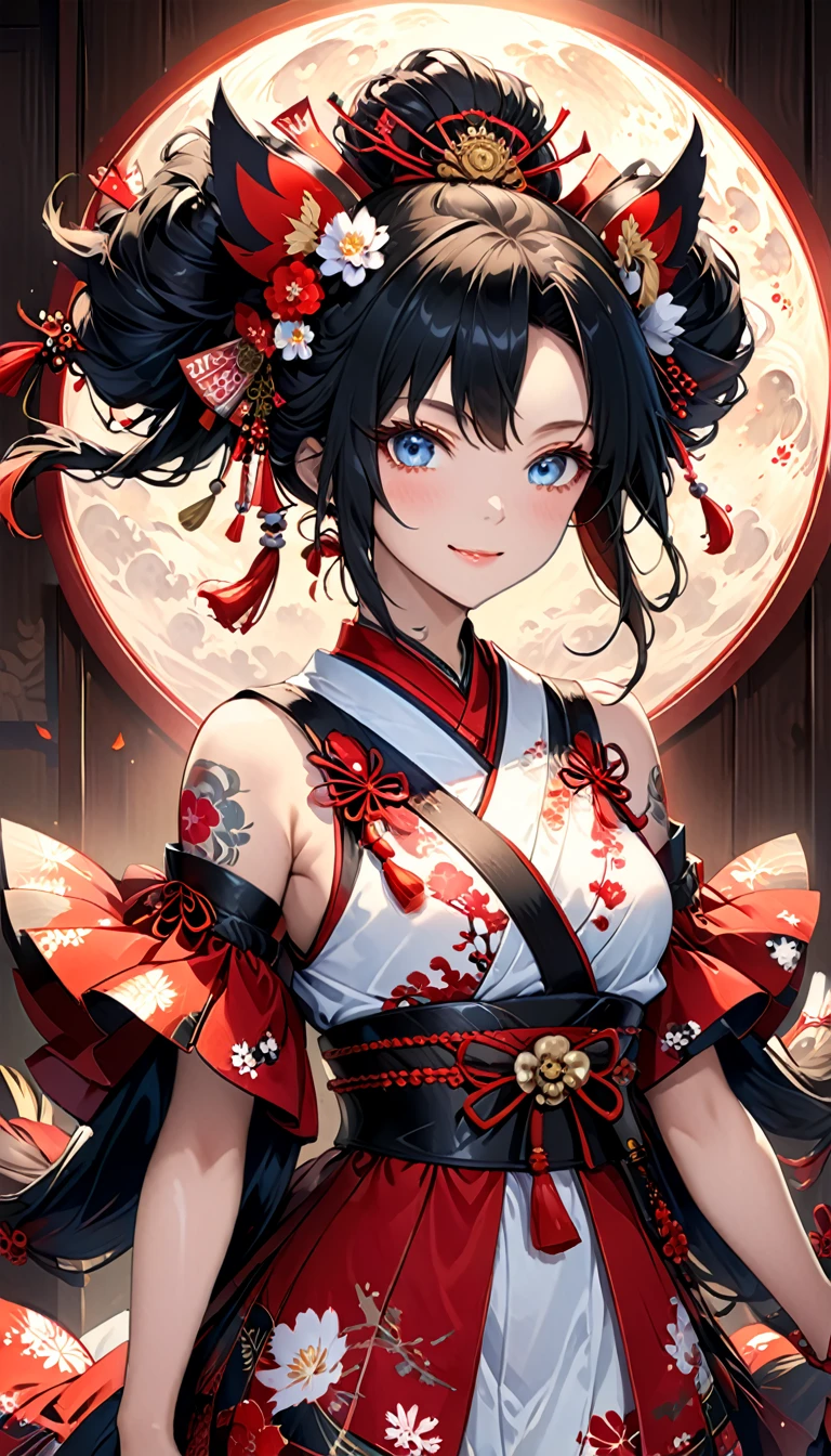 Ink painting, (((1 girl))), (((Tattoo in the middle of the forehead))),(((In the background is the Akatsuki moon))), (((Oiran))), (((Great hair accessories))), Demon possession, ((Masterpiece:1.2)), ((Highest quality)), Extremely detailed and delicate illustration style, Detailed leather texture, Detailed canvas texture, Very detailed description, (Masterpiece T), Extremely beautiful illustration, Highly detailed face, Raw image, professional, Ultra-high resolution panel, Complex details, Superior detail, Intricate decoration details, Perfect anatomy, real, figure、Blush,He smiles、Red poetry、long hair、usual clothes、Combat uniform、Visible collarbone、Beautiful feet、usual hairstyle、Highest quality, High accuracy, Unity wallpaper 8k, (figure:0.8), (Beautiful and beautiful eyes:1.6), Highly detailed face, Perfect lighting, Highly detailed CG, (Perfect hands, Perfect anatomy),
