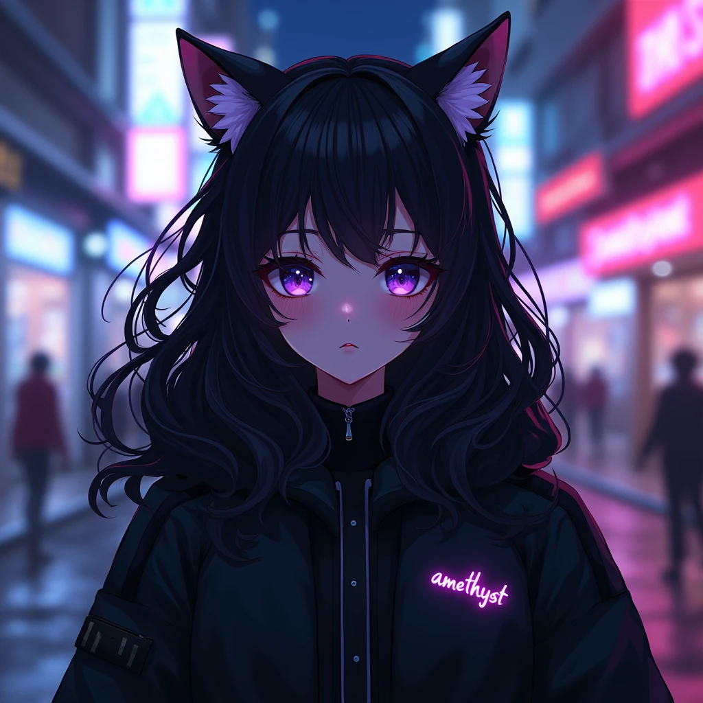 anime girl with long curly hair  wearing black aesthetic jacket outfit with cat ears and with a text "amethyst" on her left part of her clothes, in citylights background, 